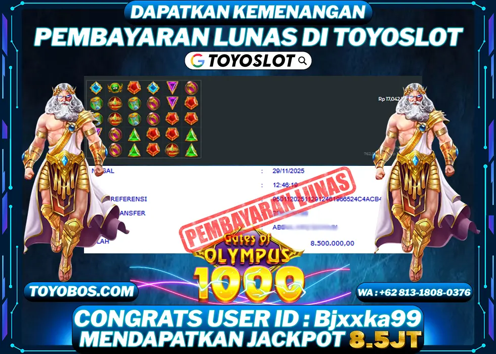 TOYOSLOT - BUKTI KEMENANGAN Gates of Olympus 1000 Rp8,500,000,- LUNAS